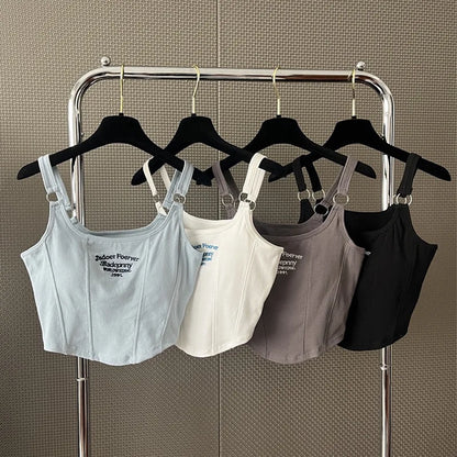 Fashion Embroid Letter Print Crop Tops Women Summer Sexy Streetwear Short Tops Suspenders Sports Tank Top Gym Solid Slim Vest