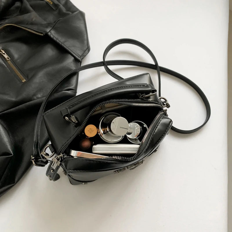 Women Gothic Punk Square Small Crossbody Handbag with Top Handle Skull Crosses Chain PU Leather Shoulder Bag Purse