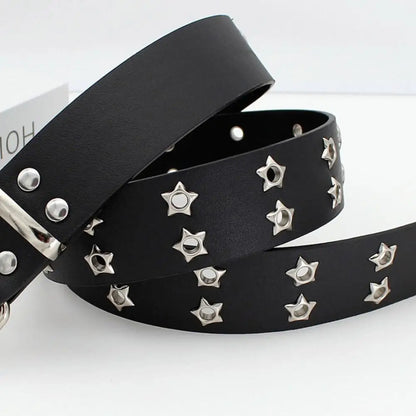 Y2K Punk Rivet Leather Belts  Star PU Black White Waist Strap Double Row Hollow For Jeans Skirt Decor Gothic Waistband