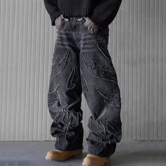 Men Baggy Aesthetic Streetwear Jeans Male Retro Fashion Wide Leg Denim Pants Graphic Embroidered Designer Hip Pop Denim Trousers