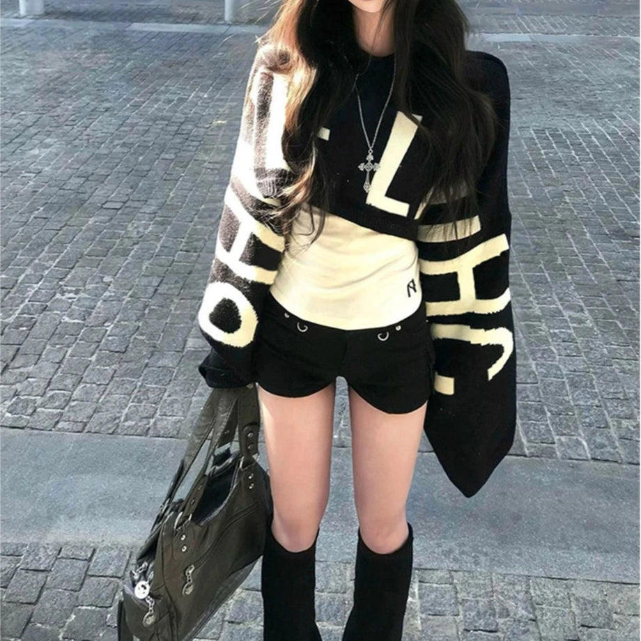 Letter Print Cropped Sweater Pullover Loose Fit Cropped Oversized Batwing Sleeve Knitted Sweater Y2k Tops Autumn Outfit Jumpers