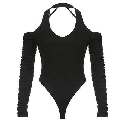 2025 Summer Female T-Shirts Long Sleeve T-Shirts Women Sexy Black Halter Backless Tops New Trendy Girls Designer Ruched Clothes