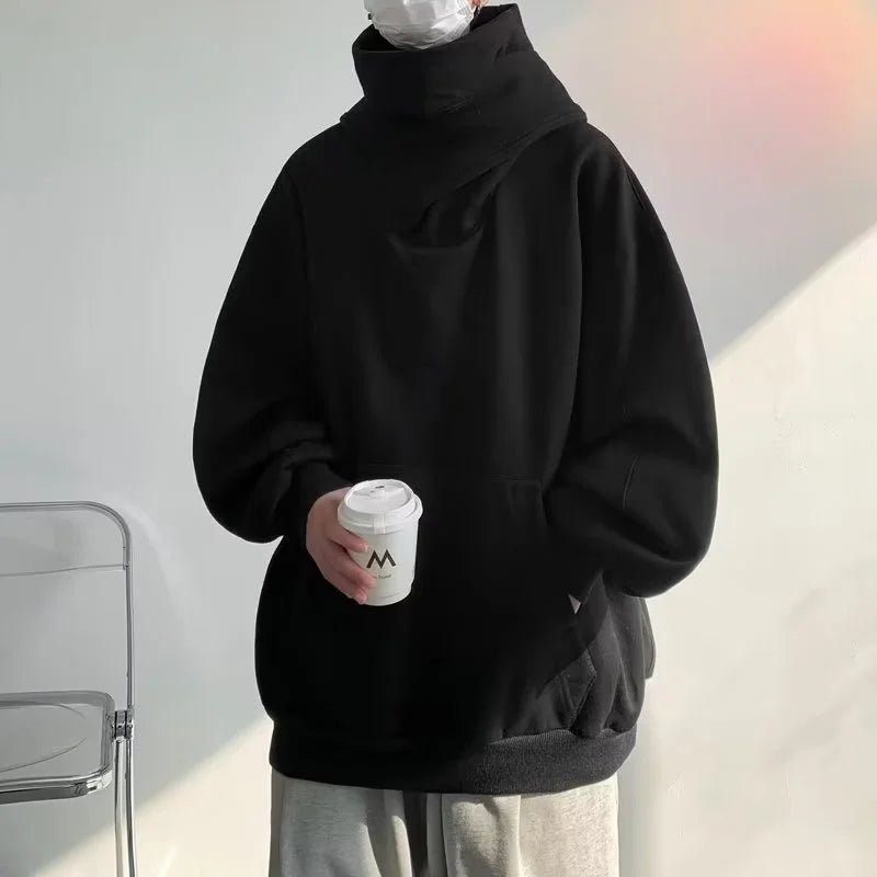Autumn Solid Color Japanese Ninja Hoodies Men's Turtleneck Vintage Fleece Sweatshirts Hip Hop Y2K Streetwear Oversized Hoodie