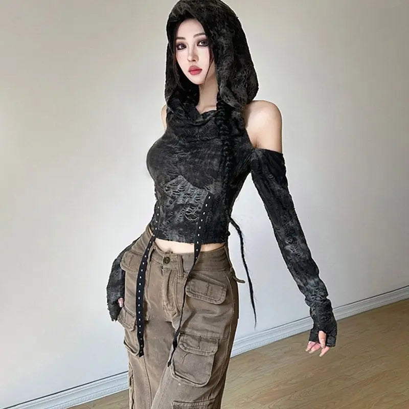 Off Shoulder Long Sleeve Ropa mujer Hooded Roupas Feminina Y2k Streetwear Woman Clothes Crop Tops Sexy Harajuku Camisetas