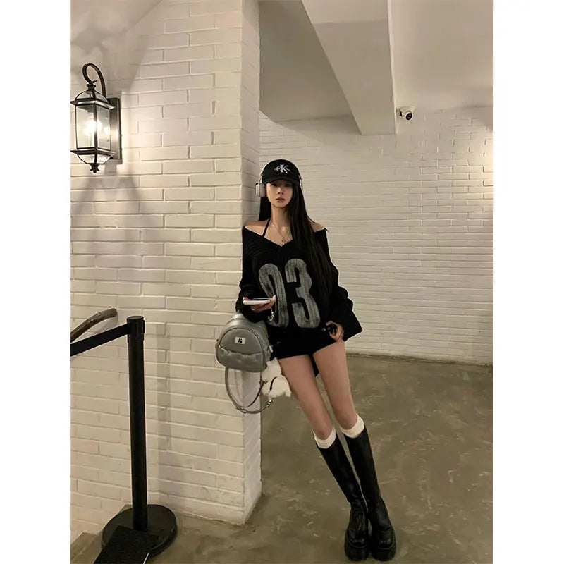 American Retro Spicy Girl Black Off-Shoulder V-Neck Sweater Women's Autumn Winter Loose Lazy Style Knitted Jacket