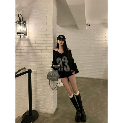American Retro Spicy Girl Black Off-Shoulder V-Neck Sweater Women's Autumn Winter Loose Lazy Style Knitted Jacket