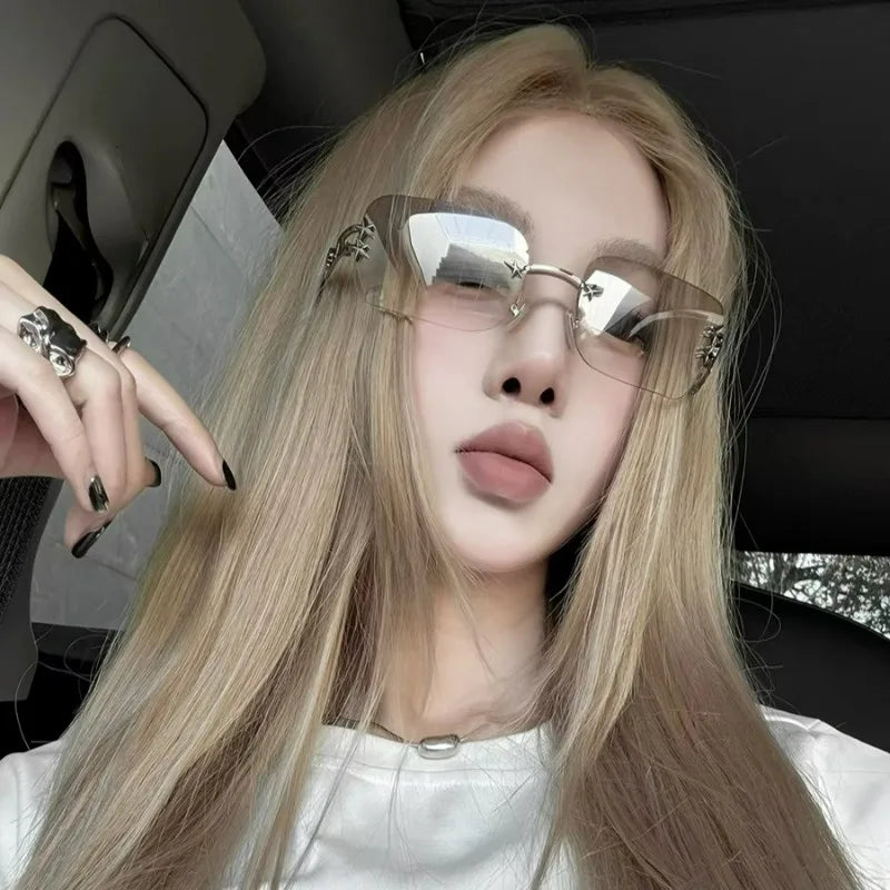 Fashion Square Rimless Sunglasses Punk Popular Shades Summer Travel Sun Glasses Eyewear Women Men Metal Bow Frame Luxury Glasses