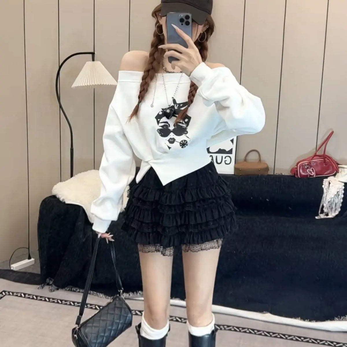 Tunic Batwing Sleeve Off Shoulder Top Women Casual Korean Boat Neck Sweatshirt Waist Split Long Sleeve T Shirt Basic Tees