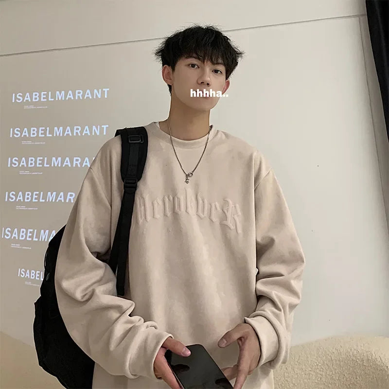 Suede Round Neck Hoodless Sweatshirts Men Autumn Trendy High Street Tops vintage Streetwear Long Sleeve Printed Letters