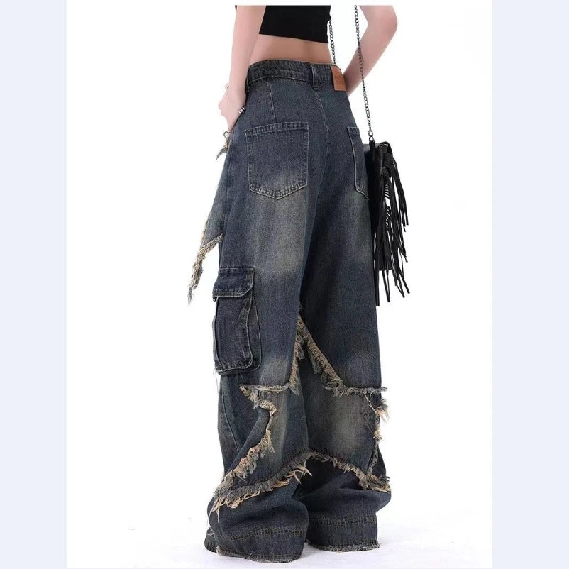 Baggy Jeans for Women Autumn/winter Korean Vintage Design Empty Star Appliqué and Faded Straight-leg Trousers