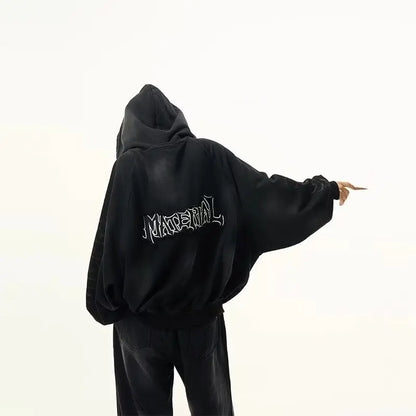 Retro American Heavyweight Faded Zipper Hoodie Set Sporty Two-Piece Suit for Men And Women Casual Cotton Polyester Blend
