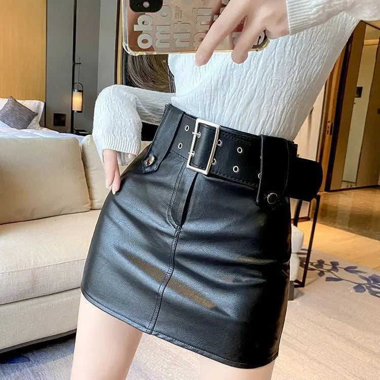 skirt women  2022  korean fashion clothing  Solid  Button  Above Knee, Mini  vintage leather  black skirt  Regulai Fit