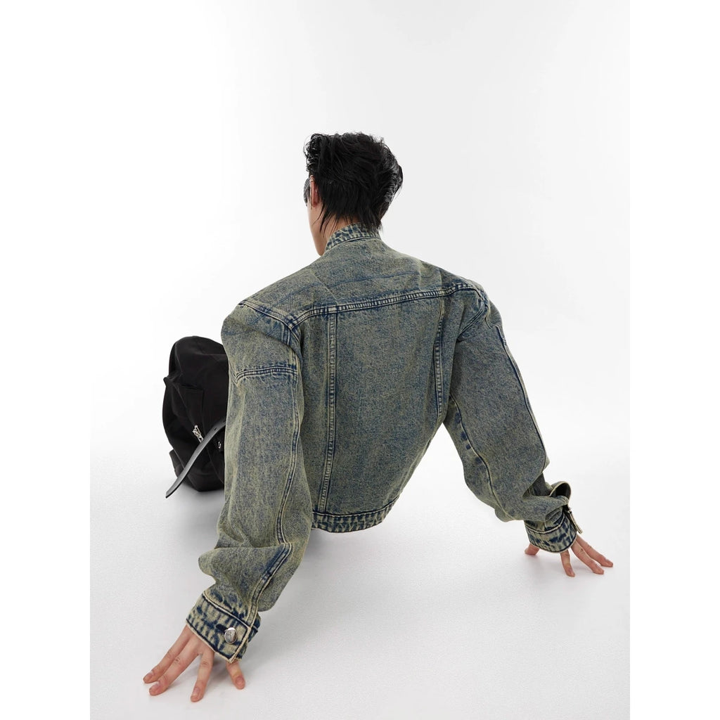 Rugged Slim Fit Men's Denim Jacket Heavyweight korean Style Washed in Fashion Stand Collar Hip Hop Trendy Casual Coat