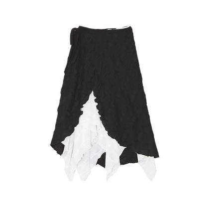 Y2k Mid-Long Skirts Irregular Spliced Streetwear Vintage Design Black White Contrasting High Waisted Asymmetrical Mesh Long Skir