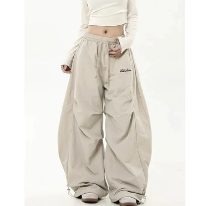 Women Casual Joggers Tech Pants Solid Low Waist Pants Drawstring Wide Leg Baggy Trousers Y2k Streetwear Oversize Sweatpants