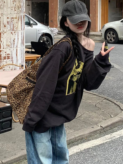 Pure Cotton Print Streetwear Sweatshirt Women Loose Vintage Long Sleeve Harajuku Pullover Retro Oversize American O Neck Tops