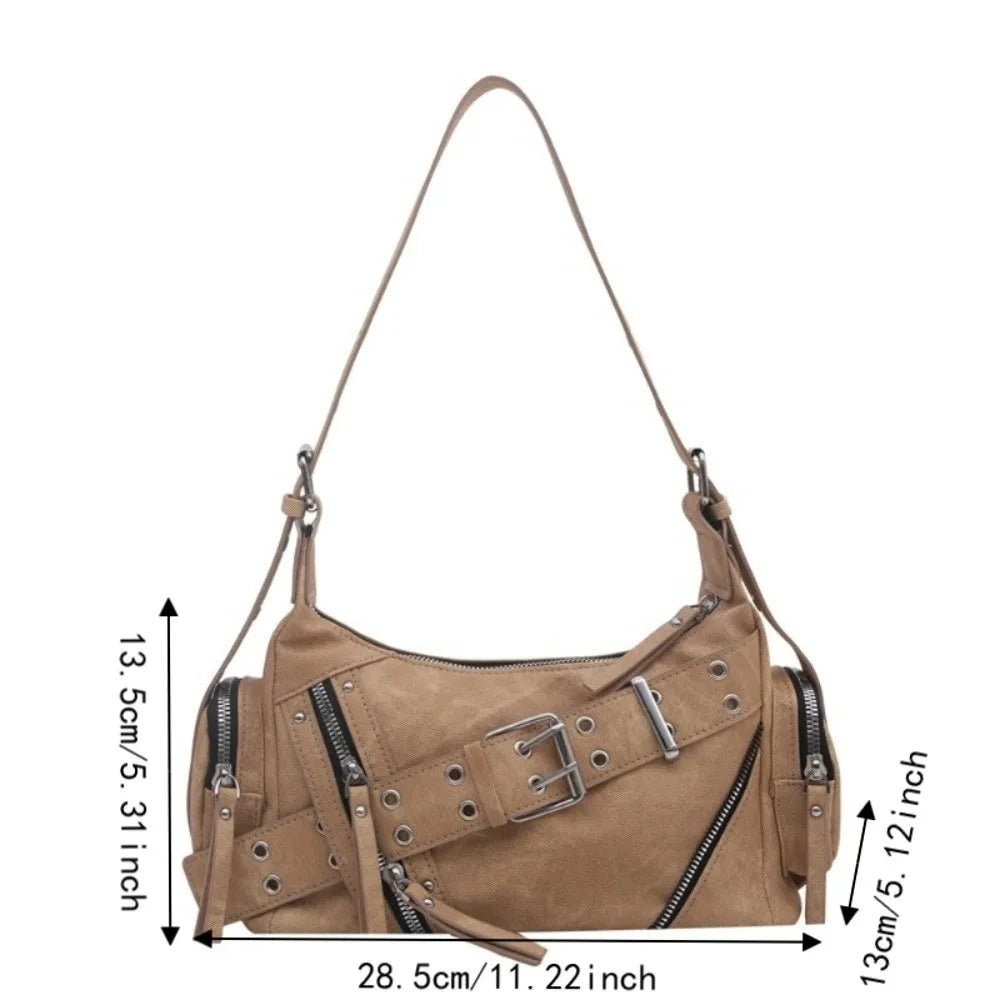 PU Leather Crossbody Shoulder Bag Large Capacity Belt Buckle Design Tote Bag for Women Lightweight Chic Hot Girl Motorcycle Bag