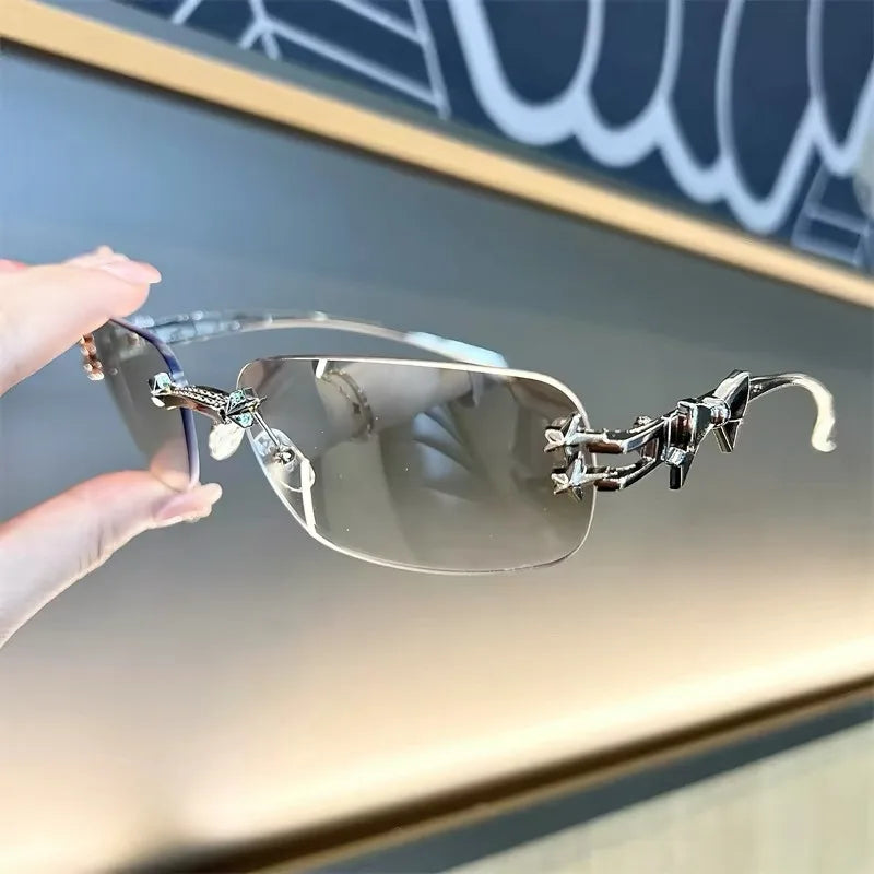 Fashion Square Rimless Sunglasses Punk Popular Shades Summer Travel Sun Glasses Eyewear Women Men Metal Bow Frame Luxury Glasses