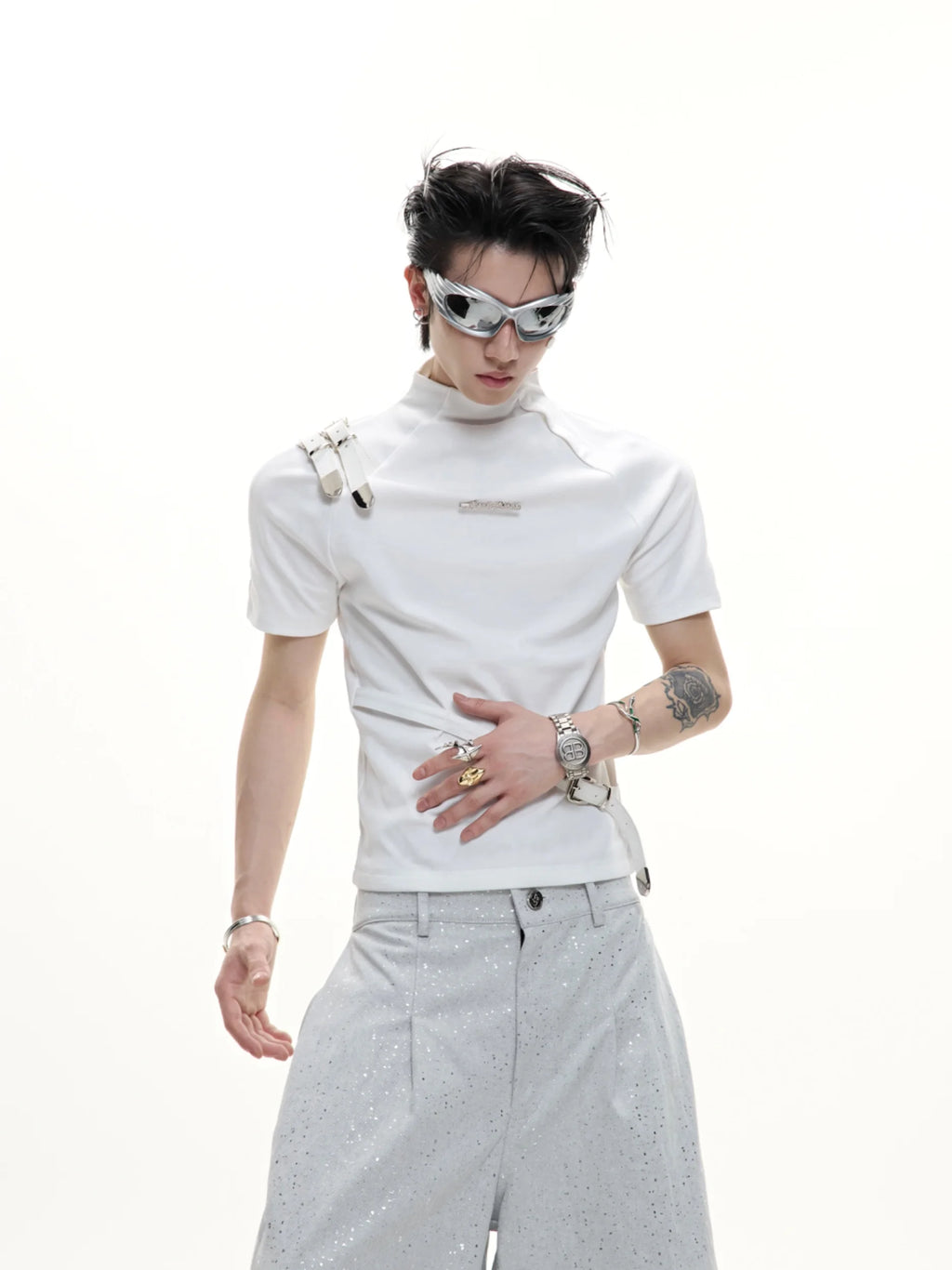 ArguE CulturE Metal Belt Design Slim Fit Short Sleeve T-Shirt Ice Sensation  Color Top Youth Fashion Breathable Cotton