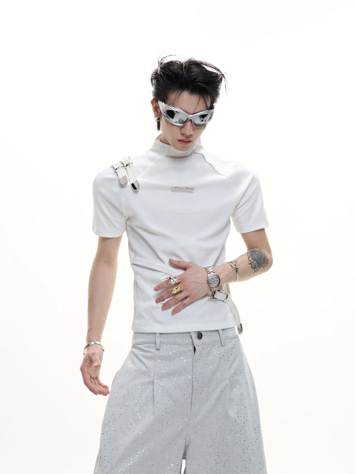 ArguE CulturE Metal Belt Design Slim Fit Short Sleeve T-Shirt Ice Sensation  Color Top Youth Fashion Breathable Cotton