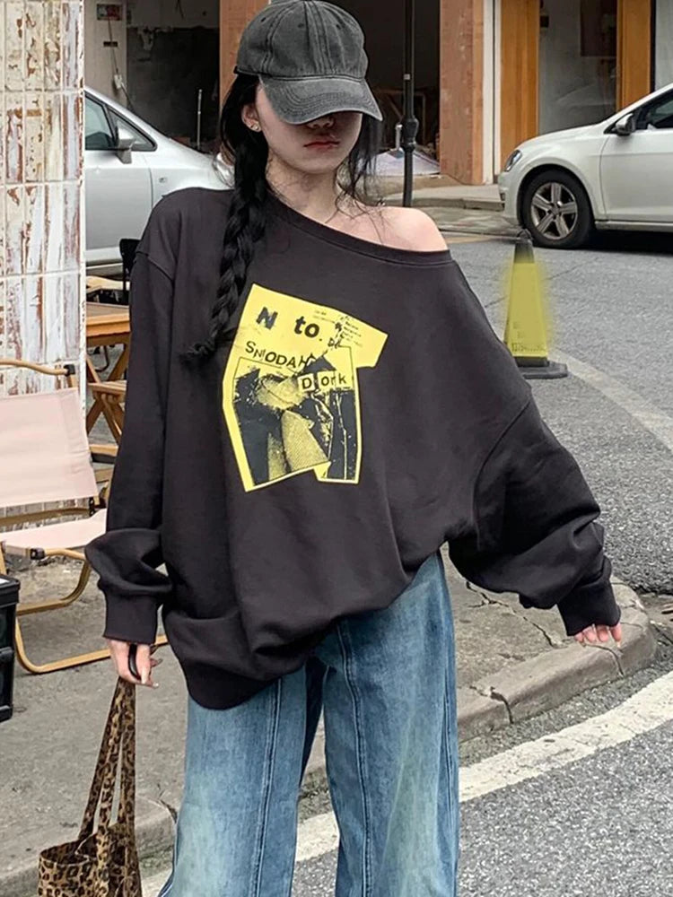 Pure Cotton Print Streetwear Sweatshirt Women Loose Vintage Long Sleeve Harajuku Pullover Retro Oversize American O Neck Tops