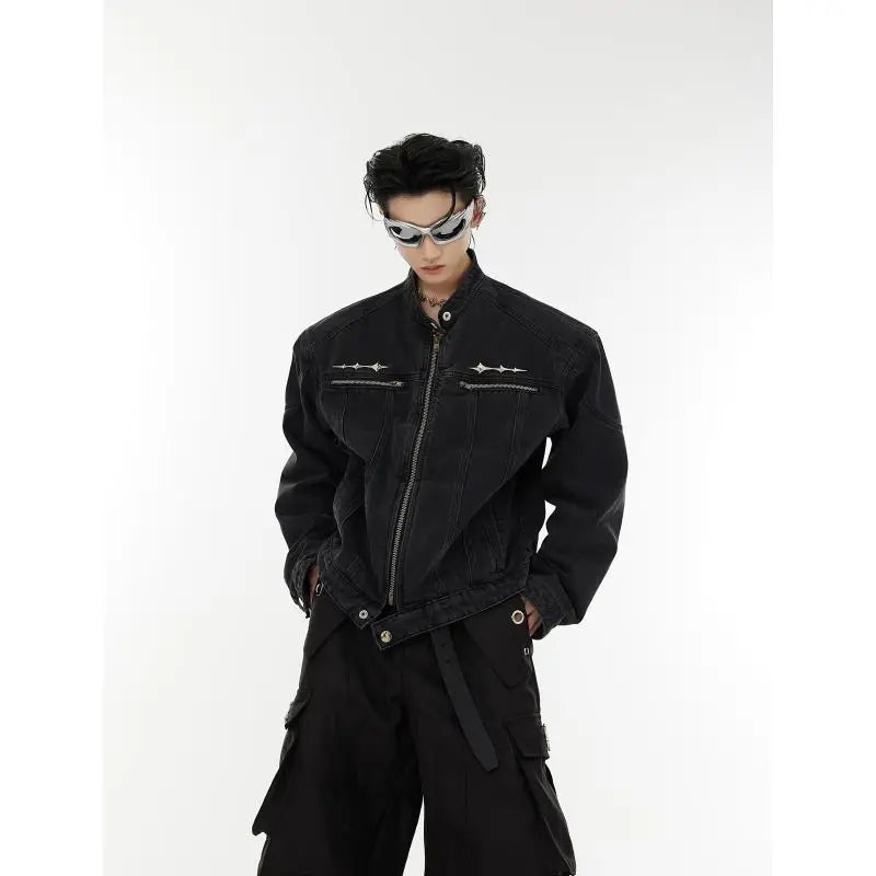 Rugged Slim Fit Men's Denim Jacket Heavyweight korean Style Washed in Fashion Stand Collar Hip Hop Trendy Casual Coat