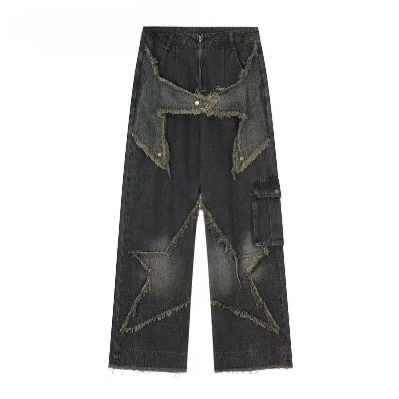 Baggy Jeans for Women Autumn/winter Korean Vintage Design Empty Star Appliqué and Faded Straight-leg Trousers