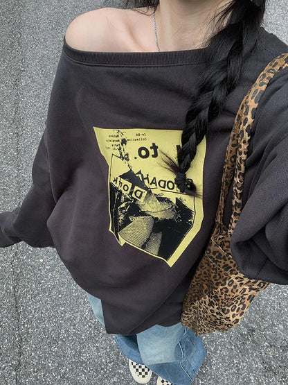 Pure Cotton Print Streetwear Sweatshirt Women Loose Vintage Long Sleeve Harajuku Pullover Retro Oversize American O Neck Tops