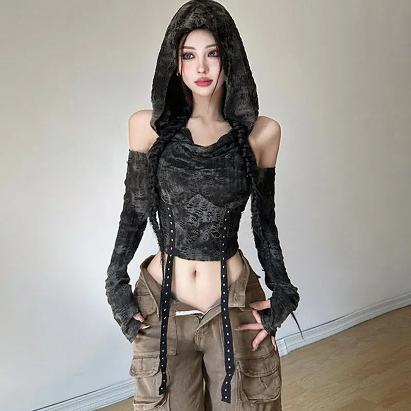 Off Shoulder Long Sleeve Ropa mujer Hooded Roupas Feminina Y2k Streetwear Woman Clothes Crop Tops Sexy Harajuku Camisetas