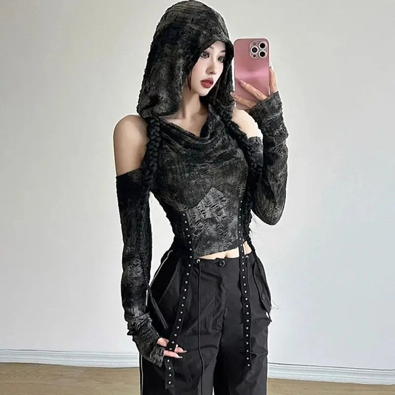 Off Shoulder Long Sleeve Ropa mujer Hooded Roupas Feminina Y2k Streetwear Woman Clothes Crop Tops Sexy Harajuku Camisetas