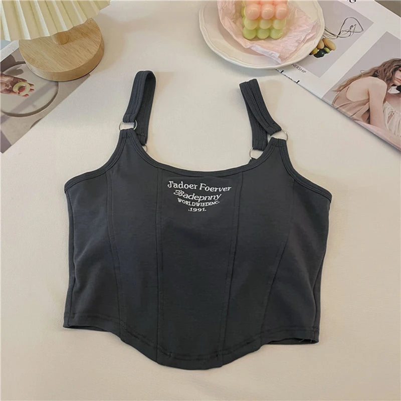 Fashion Embroid Letter Print Crop Tops Women Summer Sexy Streetwear Short Tops Suspenders Sports Tank Top Gym Solid Slim Vest