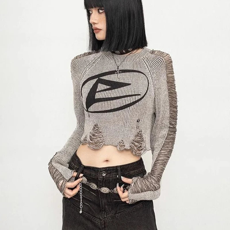 American Vintage Distressed Cropped Pullover Women Long Sleeve Street Knit Top Subculture O Neck Ripped Harajuku Y2K Sweater