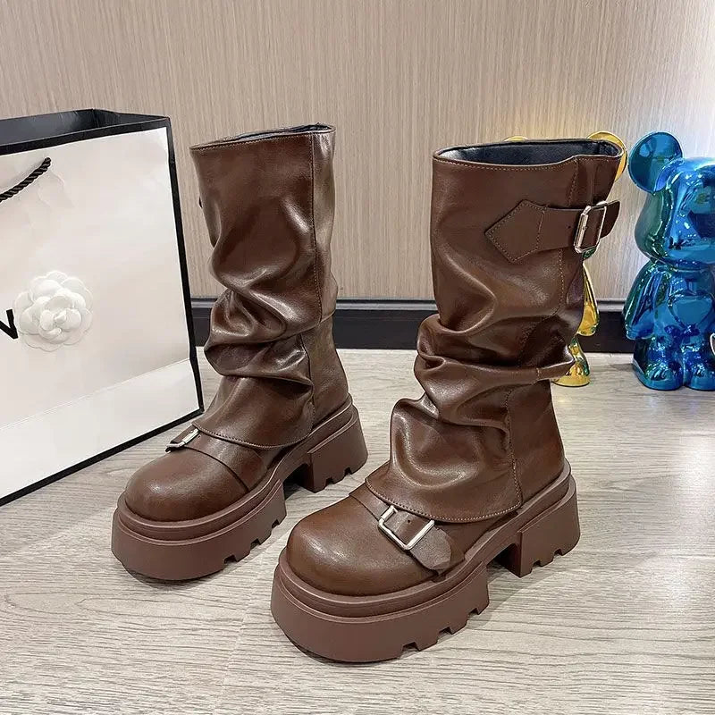 Short boots women's 2025 new spring and autumn winter retro Maillard mid boots women's