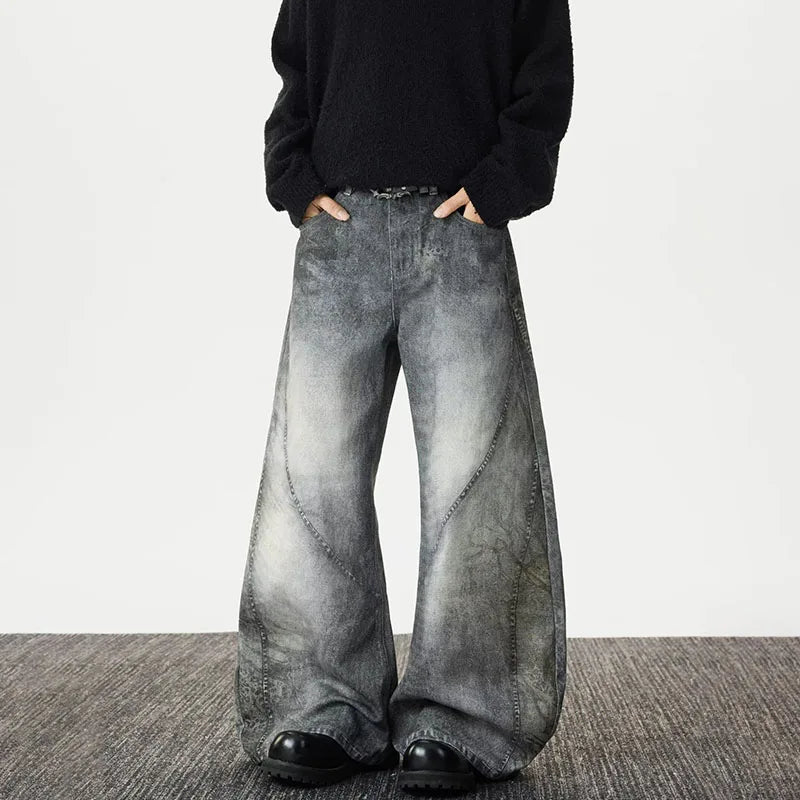Spring And Autumn Vintage Smoke Grey Curved Knife Jeans For Men Casual Loose Straight Leg Pants Flared Pants Pants