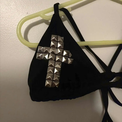 Y2K Dark Retro Personality Fashion Cross Pattern Beach Wind Hot Girl Rivet Metal Decoration Hanging Neck Sexy Bikini.