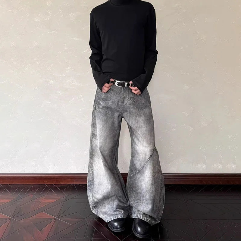 Spring And Autumn Vintage Smoke Grey Curved Knife Jeans For Men Casual Loose Straight Leg Pants Flared Pants Pants