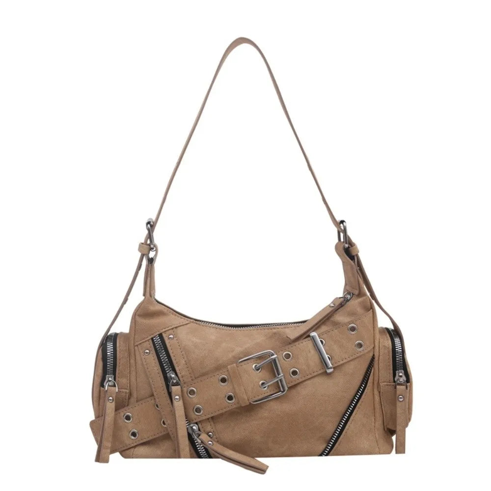 PU Leather Crossbody Shoulder Bag Large Capacity Belt Buckle Design Tote Bag for Women Lightweight Chic Hot Girl Motorcycle Bag