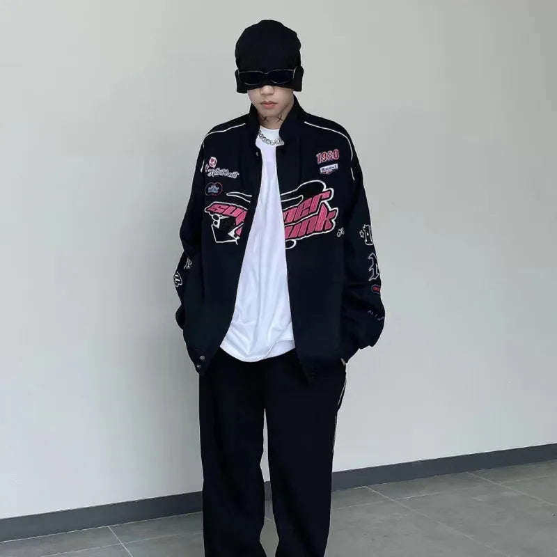 Y2K Racing Style Jacket 2022 Hot Men And Women Printed Coat Vintage Casual Colorblock Long Sleeve Varsity Clouths Spring Autumn