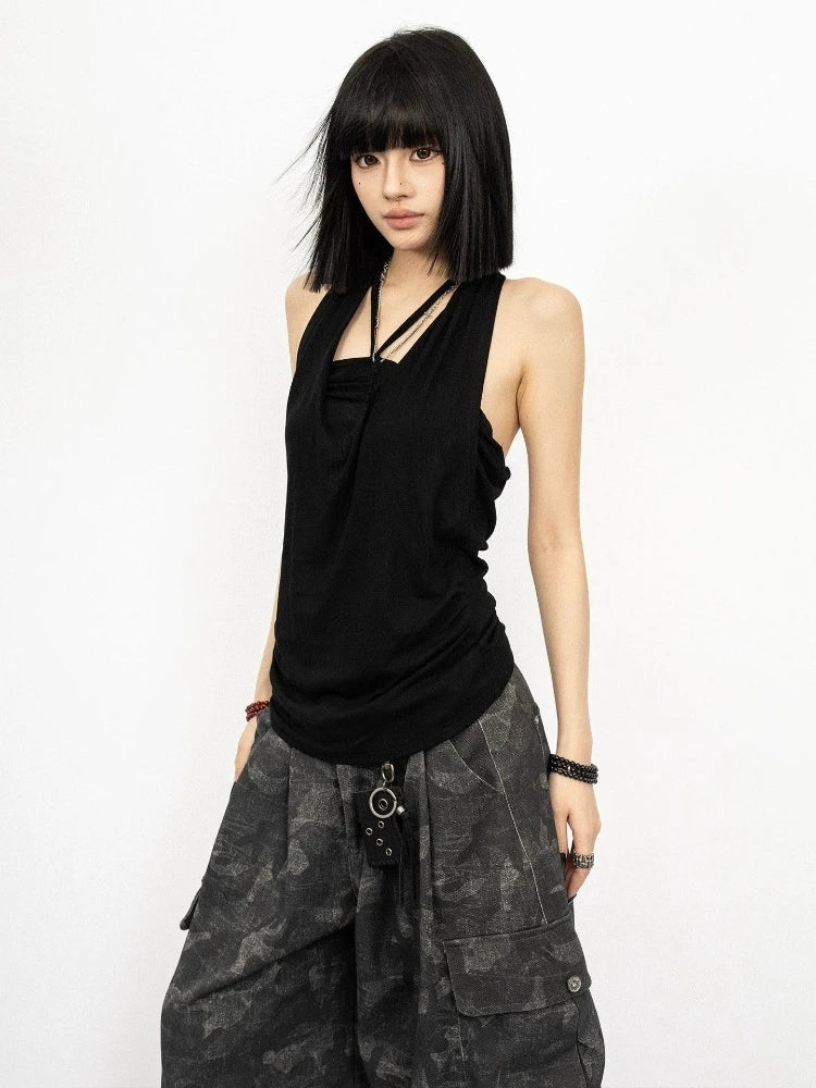 2026 Fake Two Pieces Streetwear Women Tank Top Harajuku Halter Vintage Camisole Summer Sexy Y2k Aesthetic Slim Fit Pleated Vest